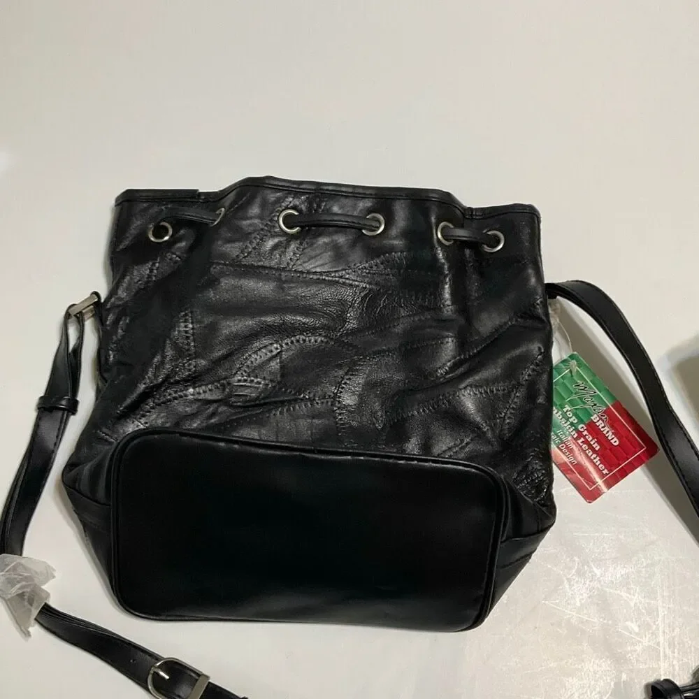 Maxam Lambskin Patchwork Mosaic Drawstring Bag, Black NWT Vintage